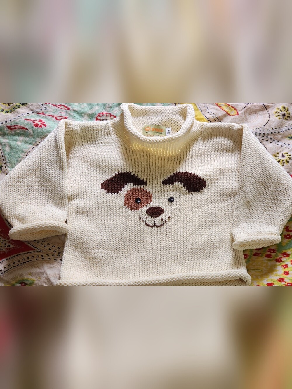 Cream Dog Face Knit Sweater for Kids